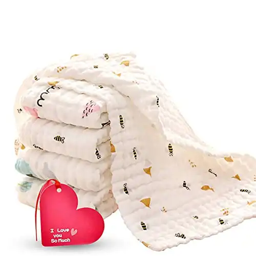 KOROTUS 100% Organic Cotton Muslin Baby Burp Washcloths 5-Pack Extra Large 10x20 Inches