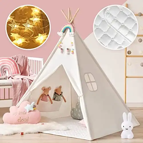 Tiny Land Large Kids Teepee Tent with Padded Mat, Light String & Carry Case
